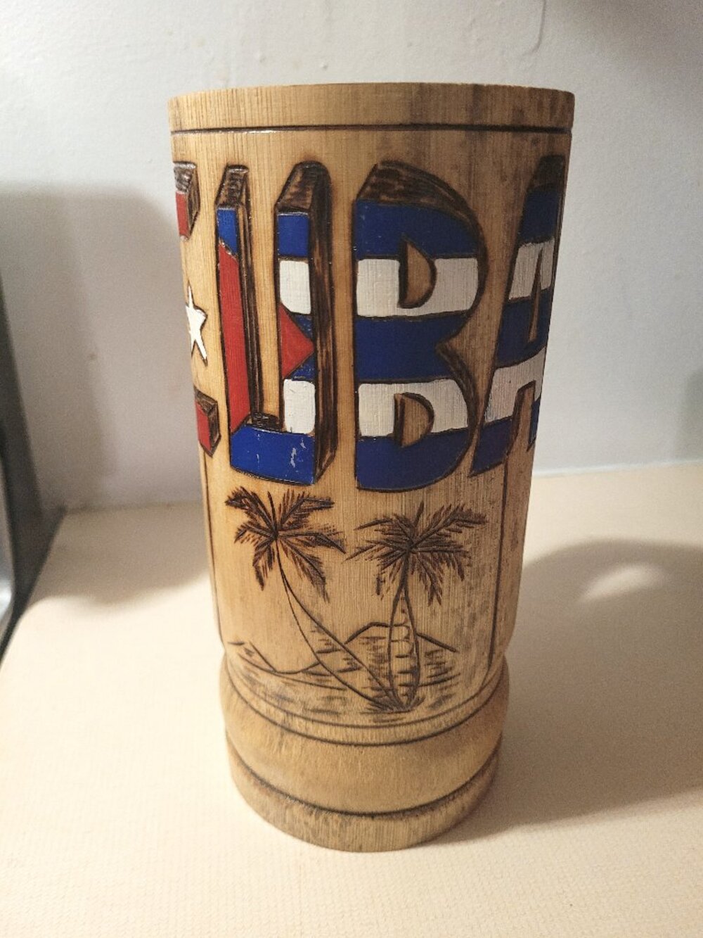 Vintage Wooden Handmade "CUBA" tall decorative mug cup